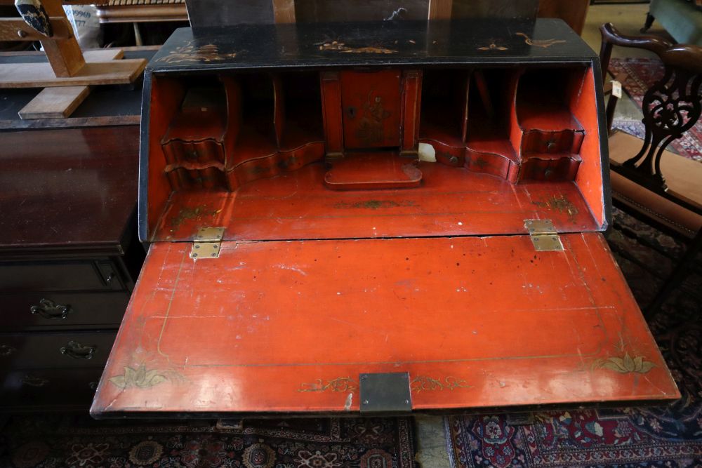 A George III black and red japanned bureau, width 91cm depth 50cm height 100cm